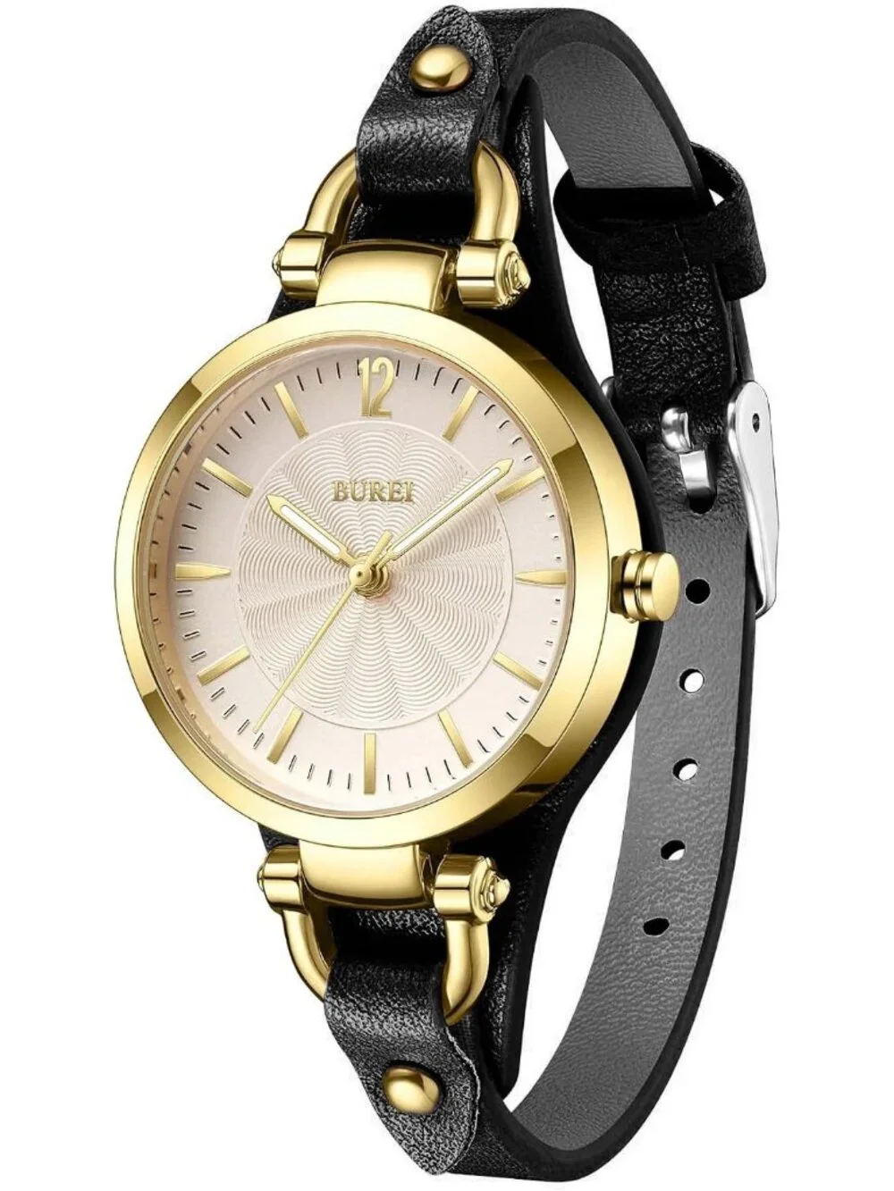 Women's Golden Black Leather Strap Small Dial Waterproof Quartz Wrist Watches